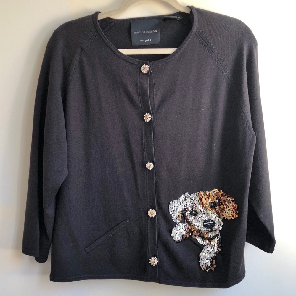 Michael Simon Black Cardigan with Dog Design